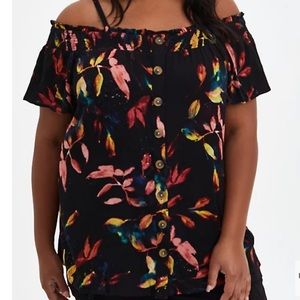 TORRID Plus Size 3. SMOCKED COLD-SHOULDER BLOUSE - GAUZE LEAF BLACK
